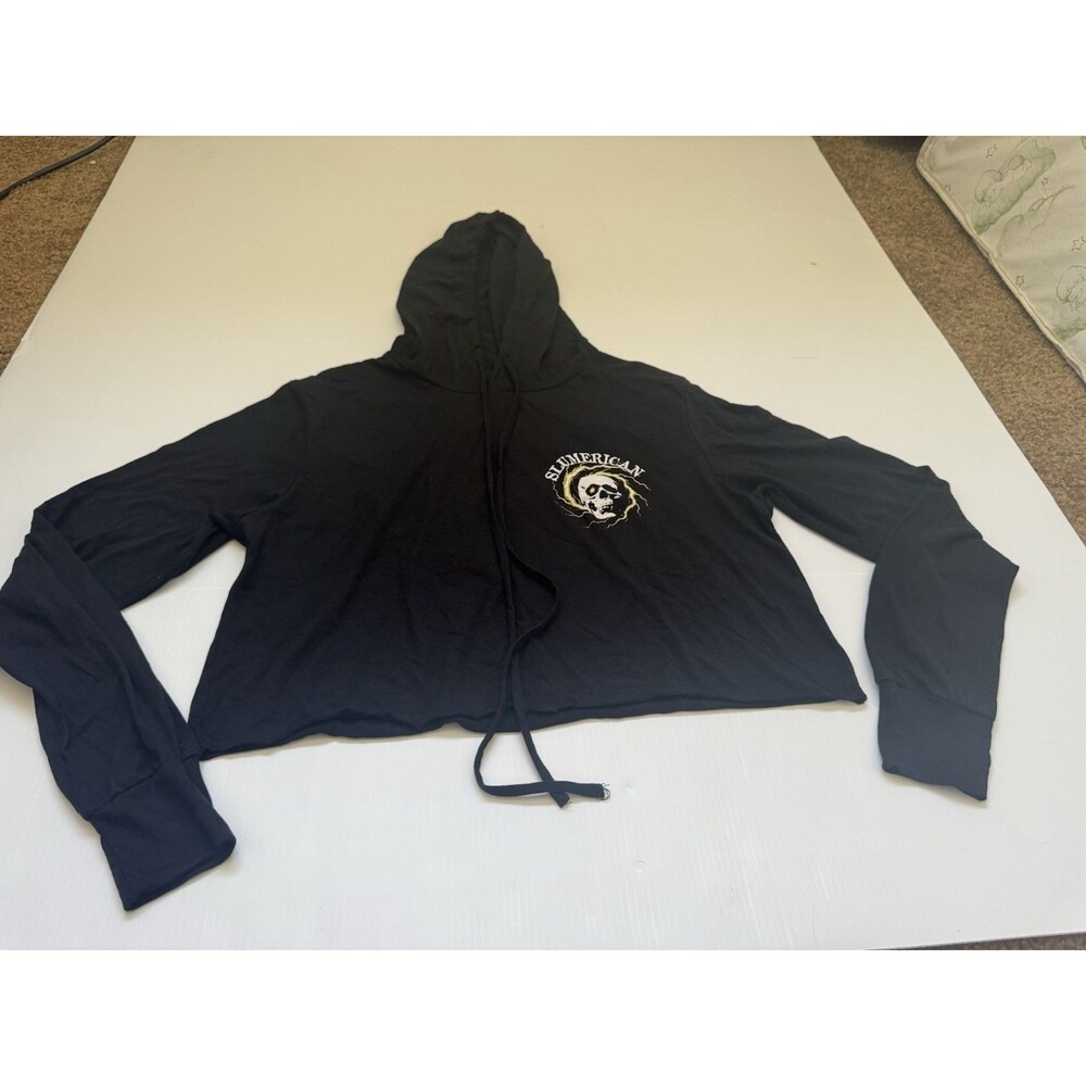 Slumerican Cropped Hoodie Women’s M Black Skull Motorcycle Graphic Long Sleeve